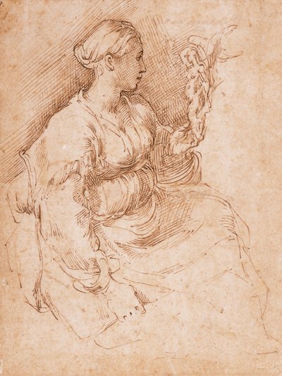 Femme Assise Tenant une Statuette de la Victoire - Parmigianino